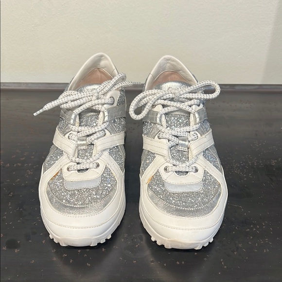 Jimmy Choo Silver Glitter and White Leather Sneakers - Picture 2 of 15